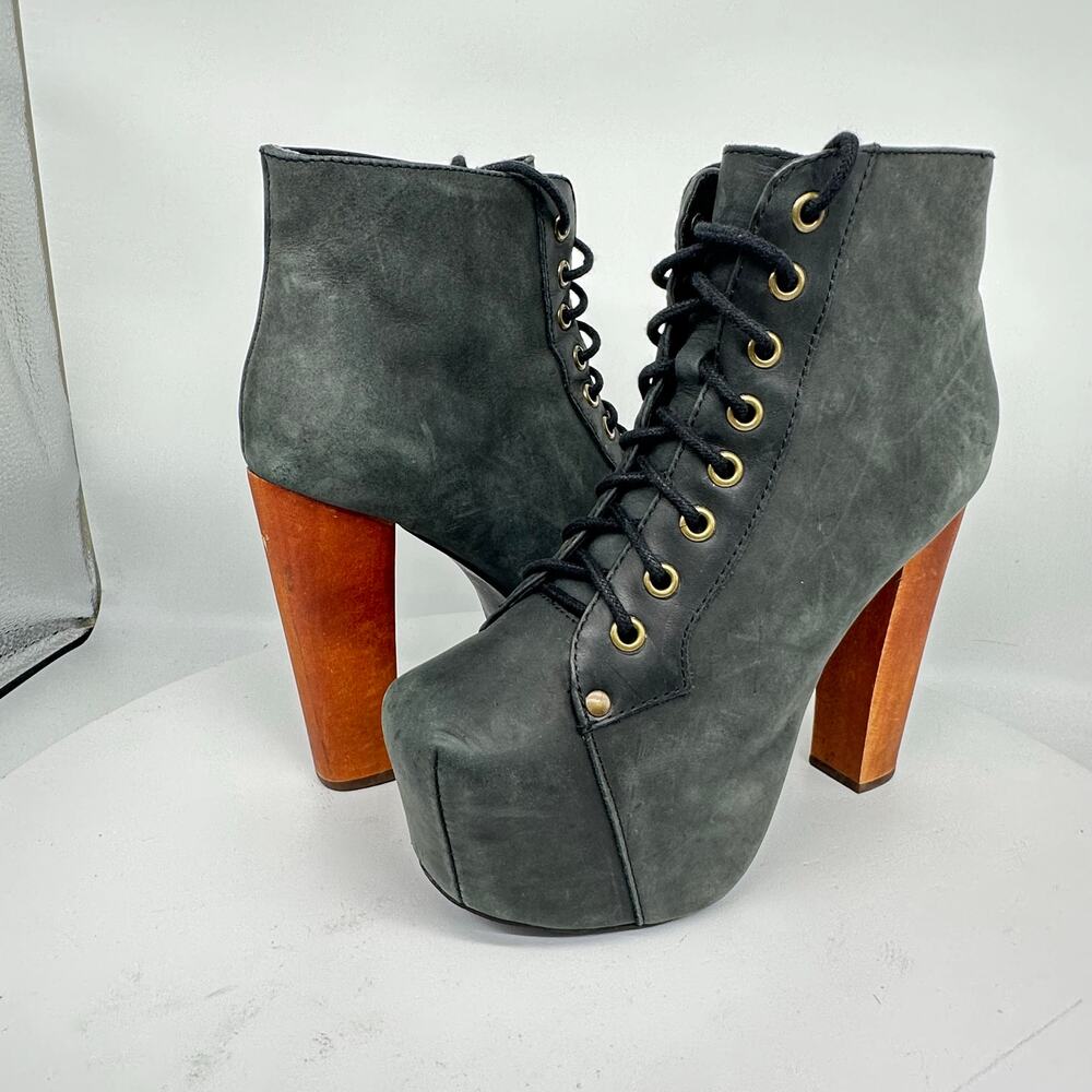 Jeffrey Campbell Lita Chunky Platform Gray Wooden Heel Leather Bootie Size 6.5